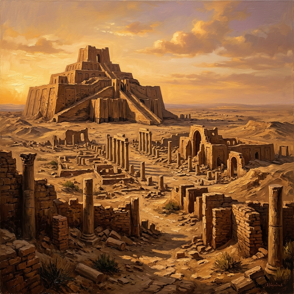 Golden hour view of ancient Mesopotamian ziggurats and stone columns in the desert